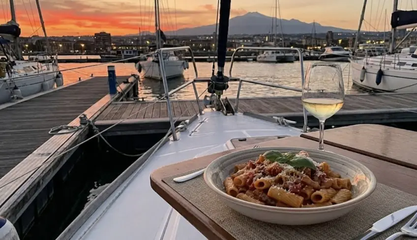Tour in barca a vela al tramonto con vista sull'Etna, snorkeling nella Grotta di Ulisse e faraglioni di Acitrezza.