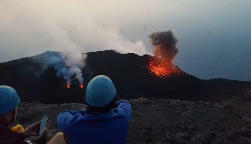 Night eruption of Stromboli: view from the Aeolian Islands.