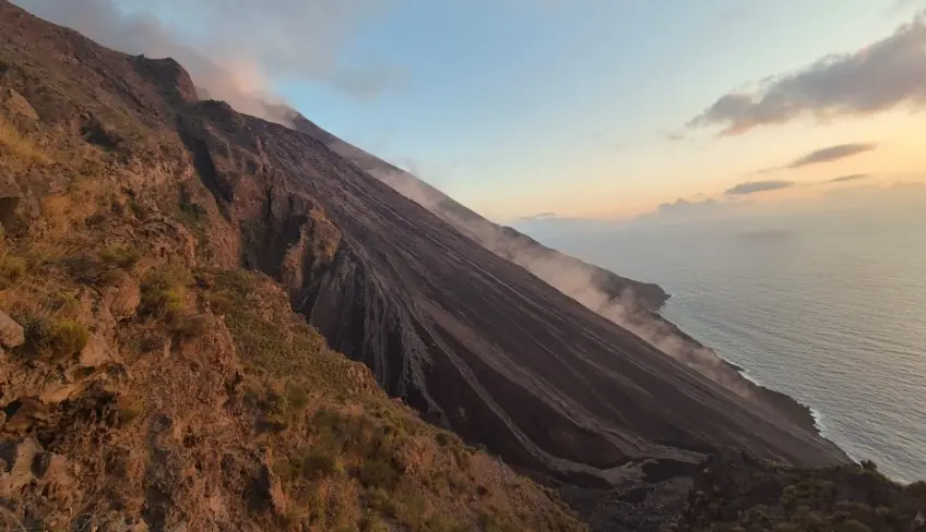Night eruption of Stromboli: view from the Aeolian Islands.
